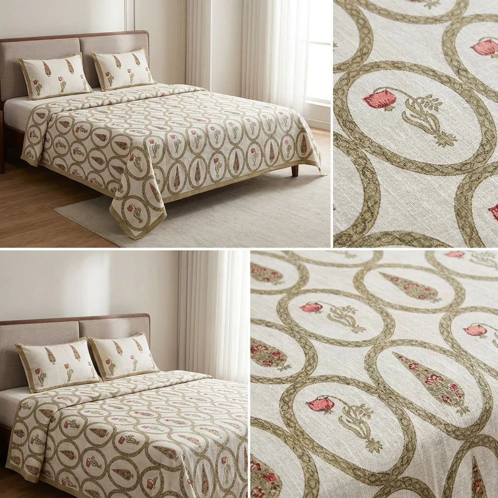 Khadi Slub Cotton King Size Bedcover Set (with 2 Pillow Covers)