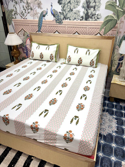 Block Prints Pure Cotton Printed Fitted Bedsheet Set with 2 Pillow Covers