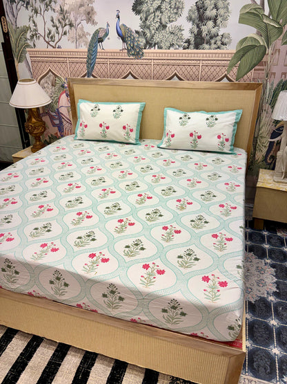 Block Prints Pure Cotton Printed Fitted Bedsheet Set with 2 Pillow Covers