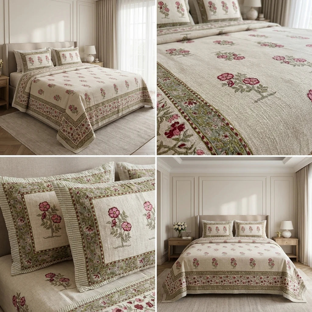 Khadi Slub Cotton King Size Bedcover Set (with 2 Pillow Covers)