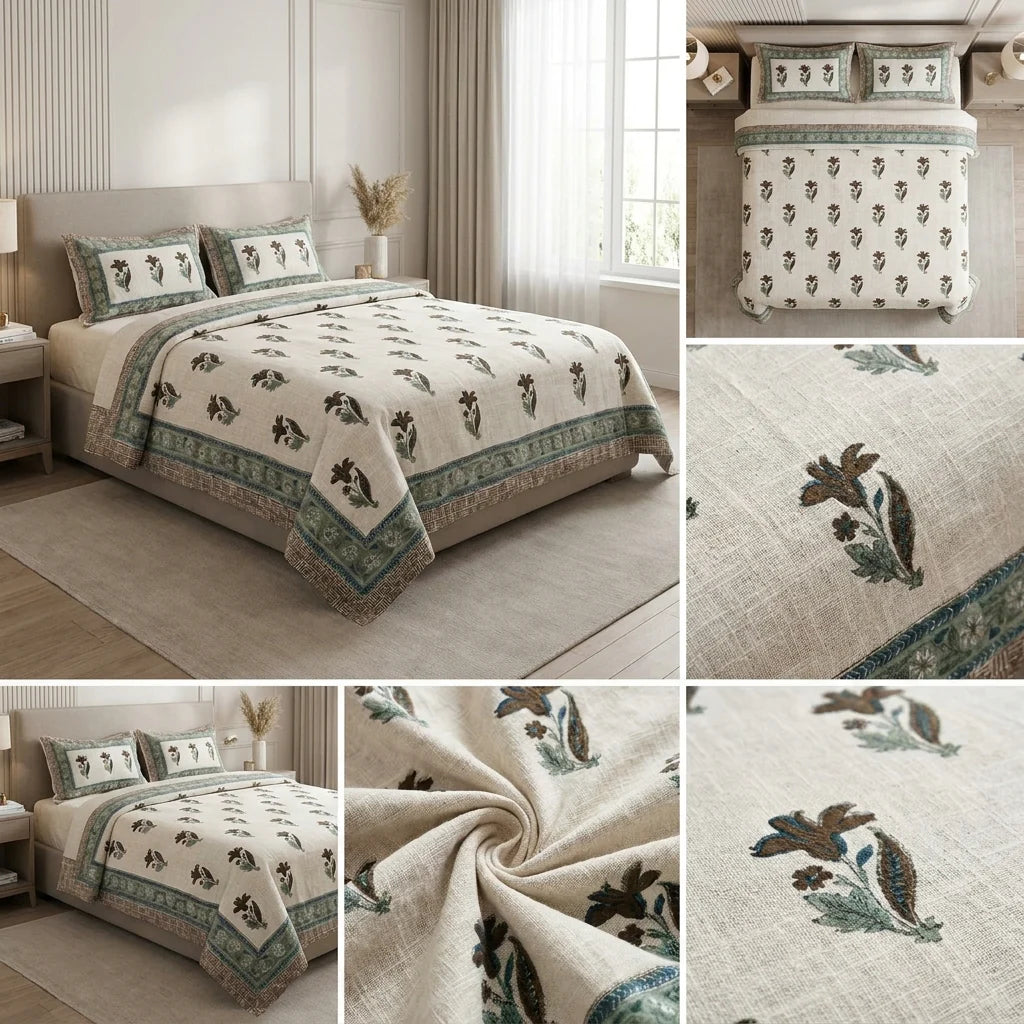 Khadi Slub Cotton King Size Bedcover Set (with 2 Pillow Covers)