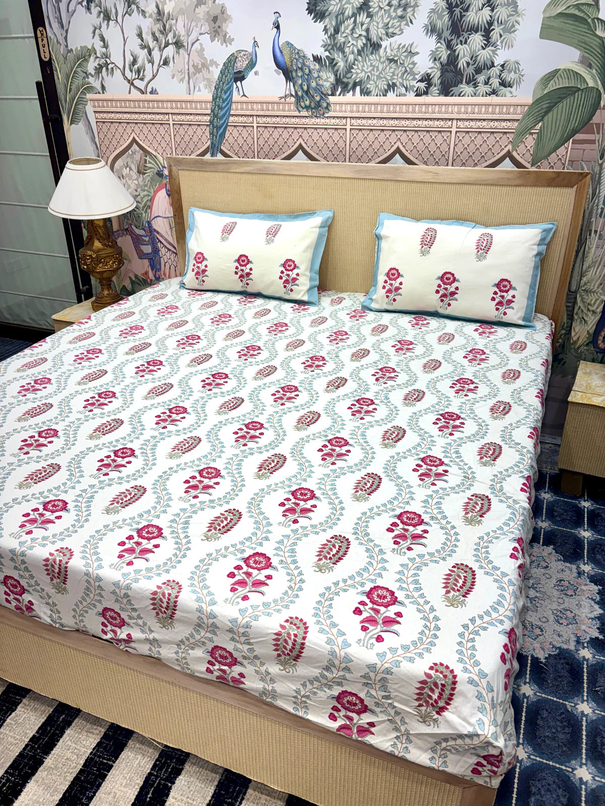 Block Prints Pure Cotton Printed Fitted Bedsheet Set with 2 Pillow Covers