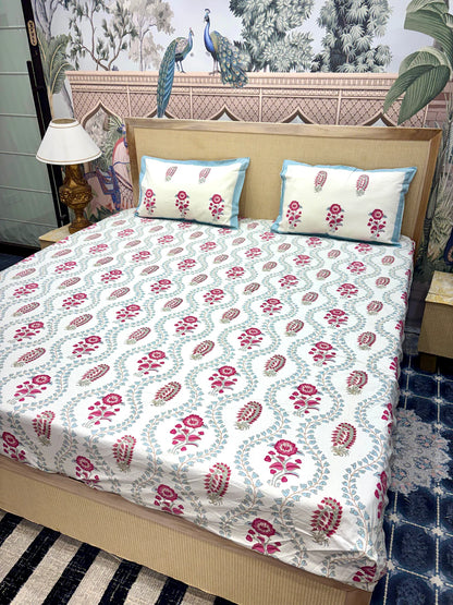 Block Prints Pure Cotton Printed Fitted Bedsheet Set with 2 Pillow Covers