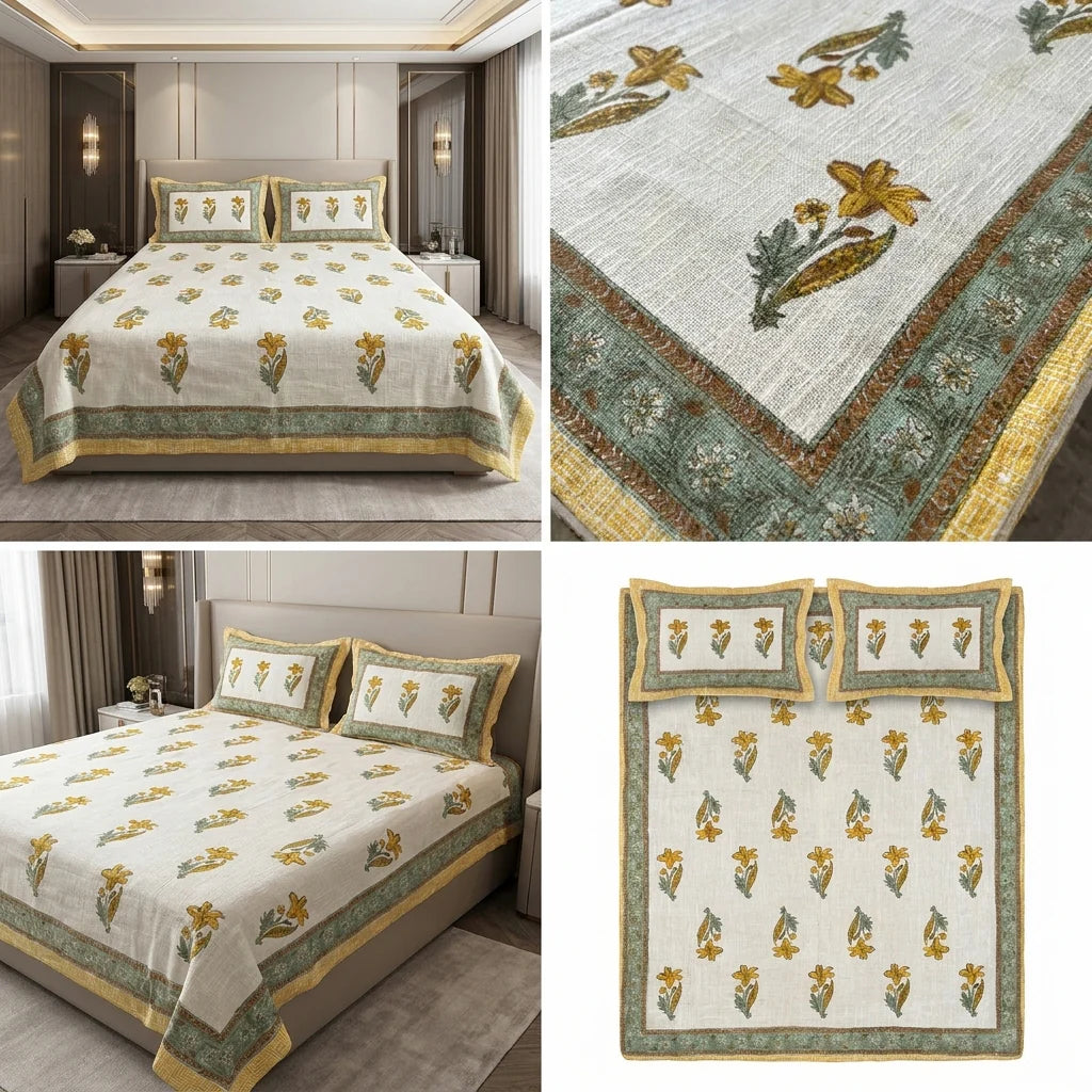 Khadi Slub Cotton King Size Bedcover Set (with 2 Pillow Covers)