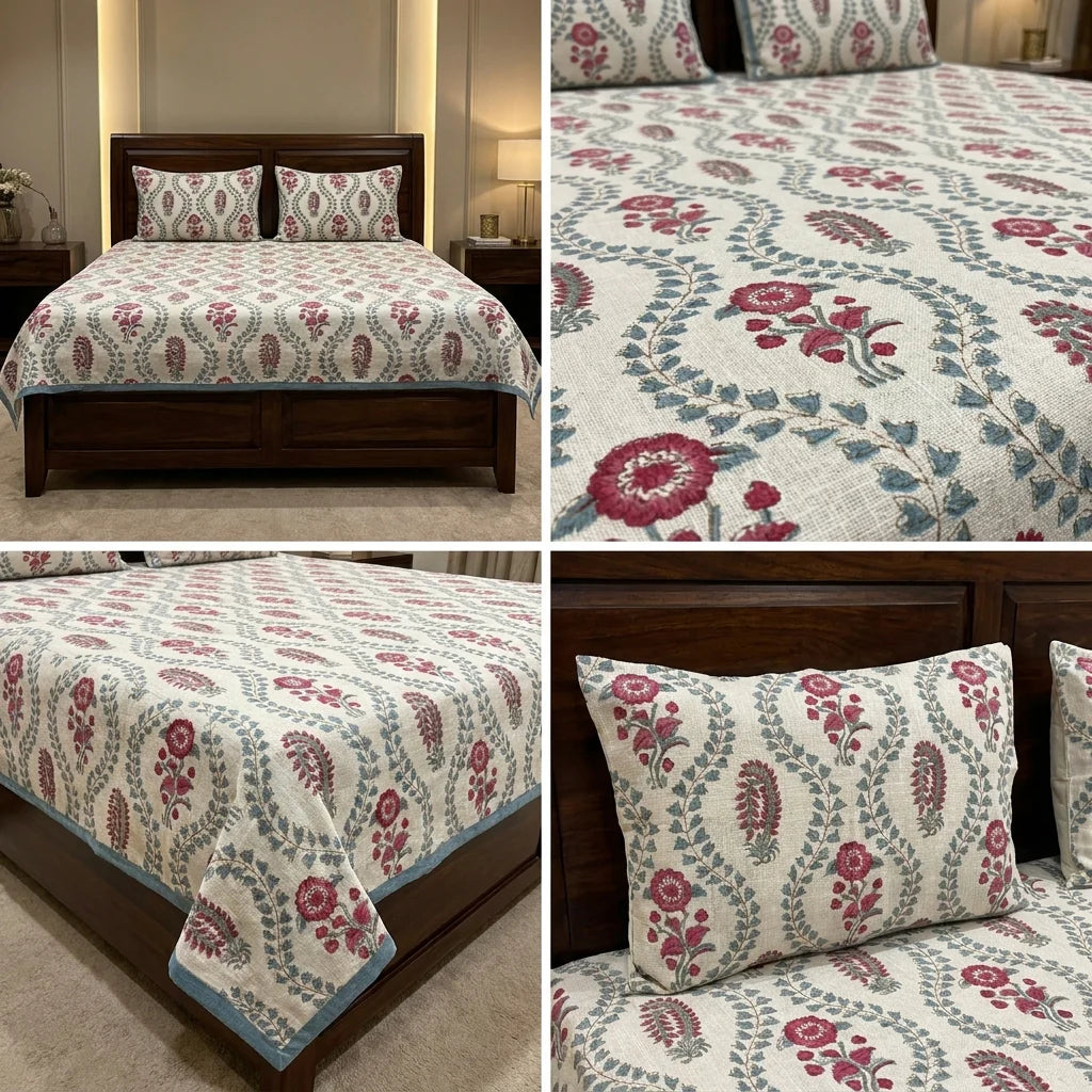 Khadi Slub Cotton King Size Bedcover Set (with 2 Pillow Covers)
