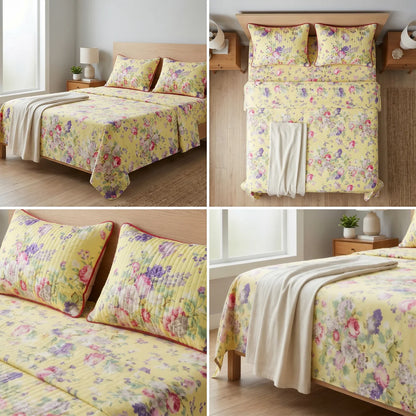 British Rose Bedsheet with Quilted Pillow Covers – Super King Size