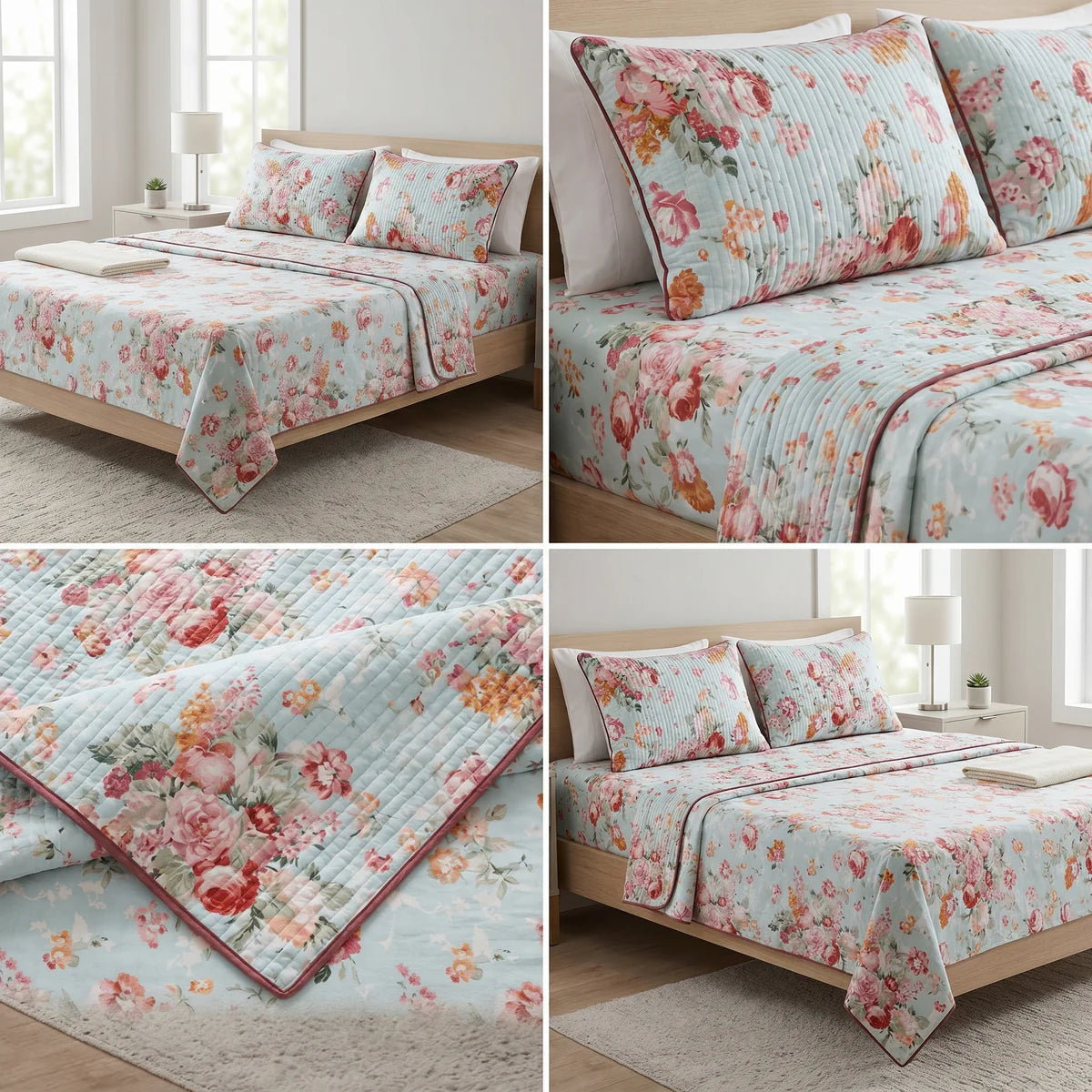 British Rose Bedsheet with Quilted Pillow Covers – Super King Size