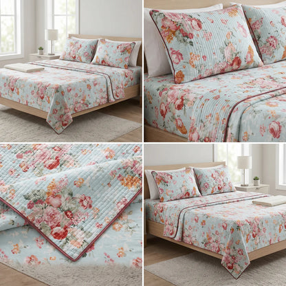 British Rose Bedsheet with Quilted Pillow Covers – Super King Size