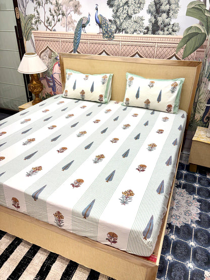Block Prints Pure Cotton Printed Fitted Bedsheet Set with 2 Pillow Covers